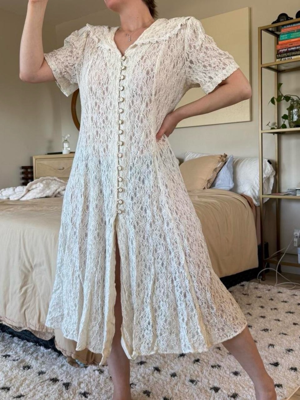 Vintage Lace Button-Front Dress in Cream